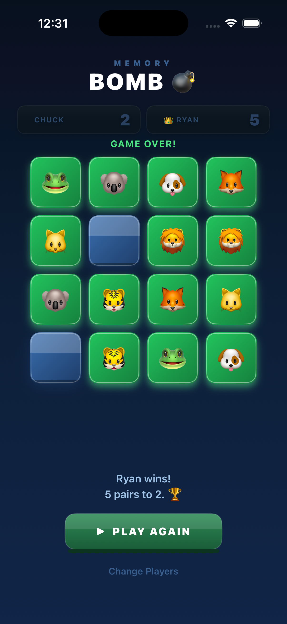 MemoryBomb win screen showing final scores